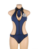 Dark Blue V Neck Zipper Front Hollow Out Bodysuit Police Costume with Badge