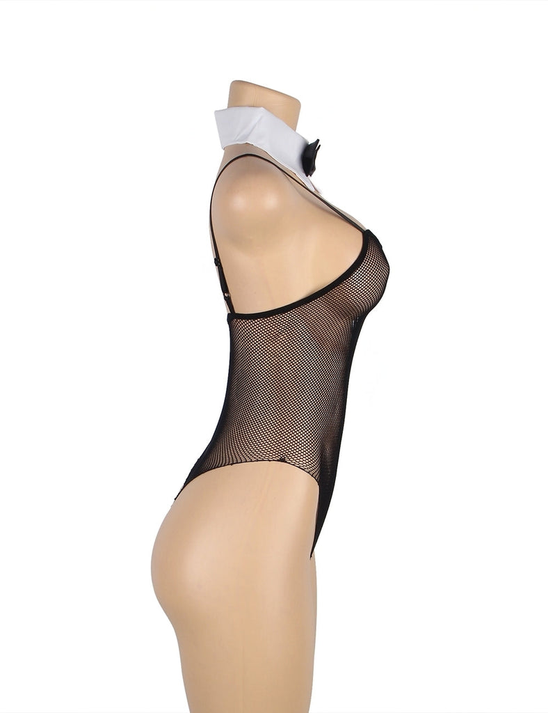 New Black Detachable Tie and Sleeve Sexy Mesh Bodysuit
