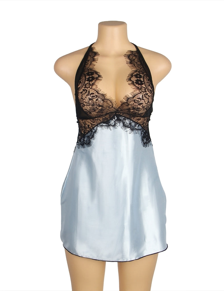 New Halter Sexy Deep V Neck Backless Blue Lingerie Dress