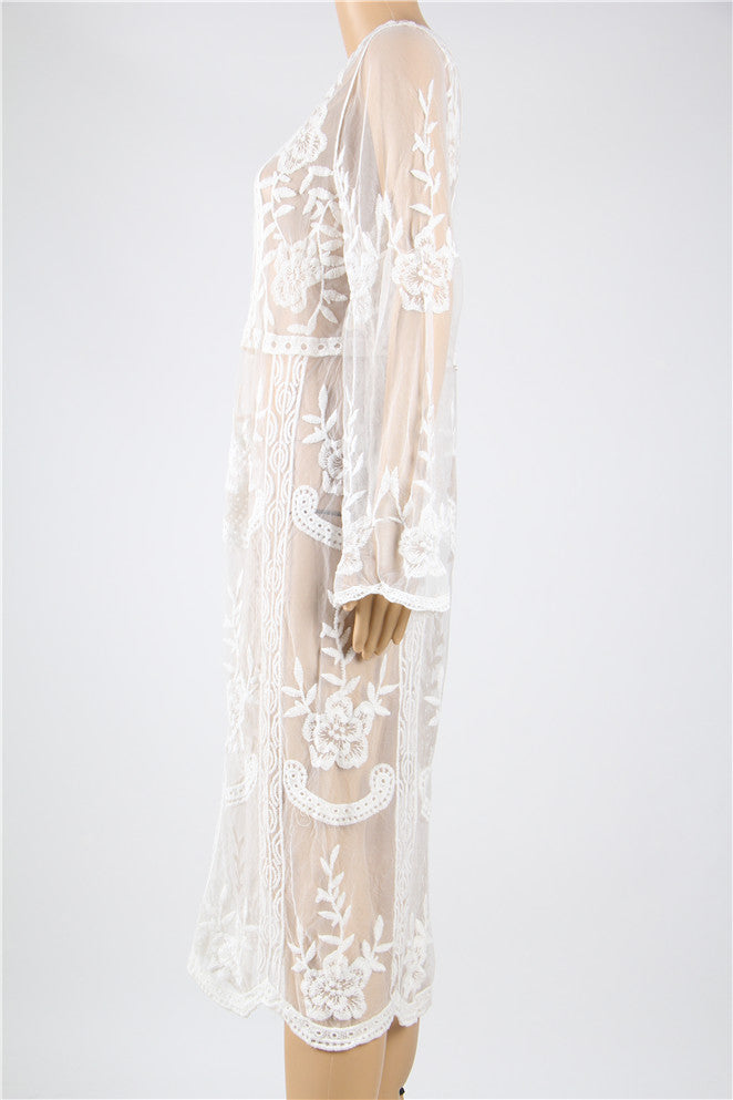 New Long White Lace Floral Sumber Beach Dress