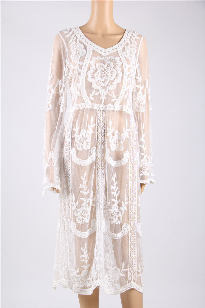 New Long White Lace Floral Sumber Beach Dress