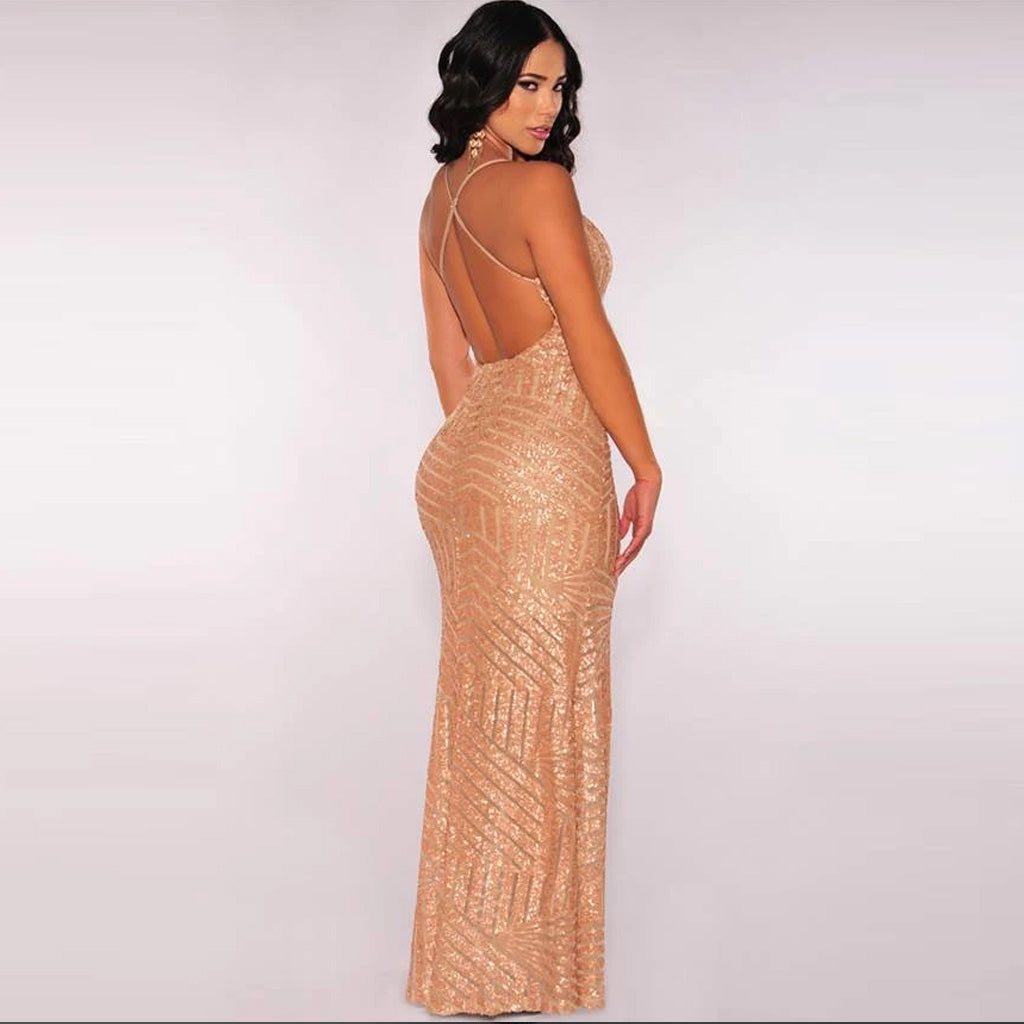 Striped Sequins Nude Long Dress