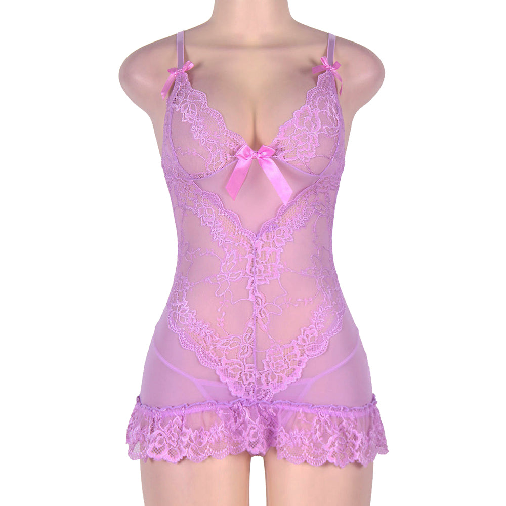 Plus Size White And Purple Embroidered Lace Cups Babydoll