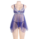 Plus Size Blue Sheer Mesh Babydoll Lingerie Set