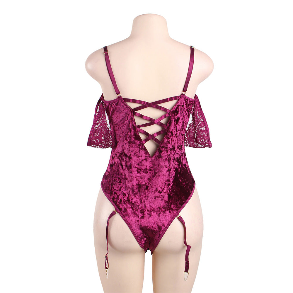 Plus Size Sheer Lace Off-The-Shoulder Lace Sleeves Velvet Teddy