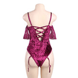 New Plus Size Sheer Lace Off-The-Shoulder Lace Sleeves Velvet Teddy