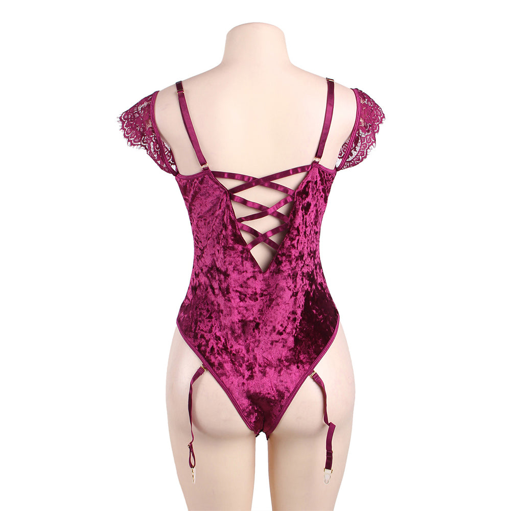 Plus Size Sheer Lace Off-The-Shoulder Lace Sleeves Velvet Teddy