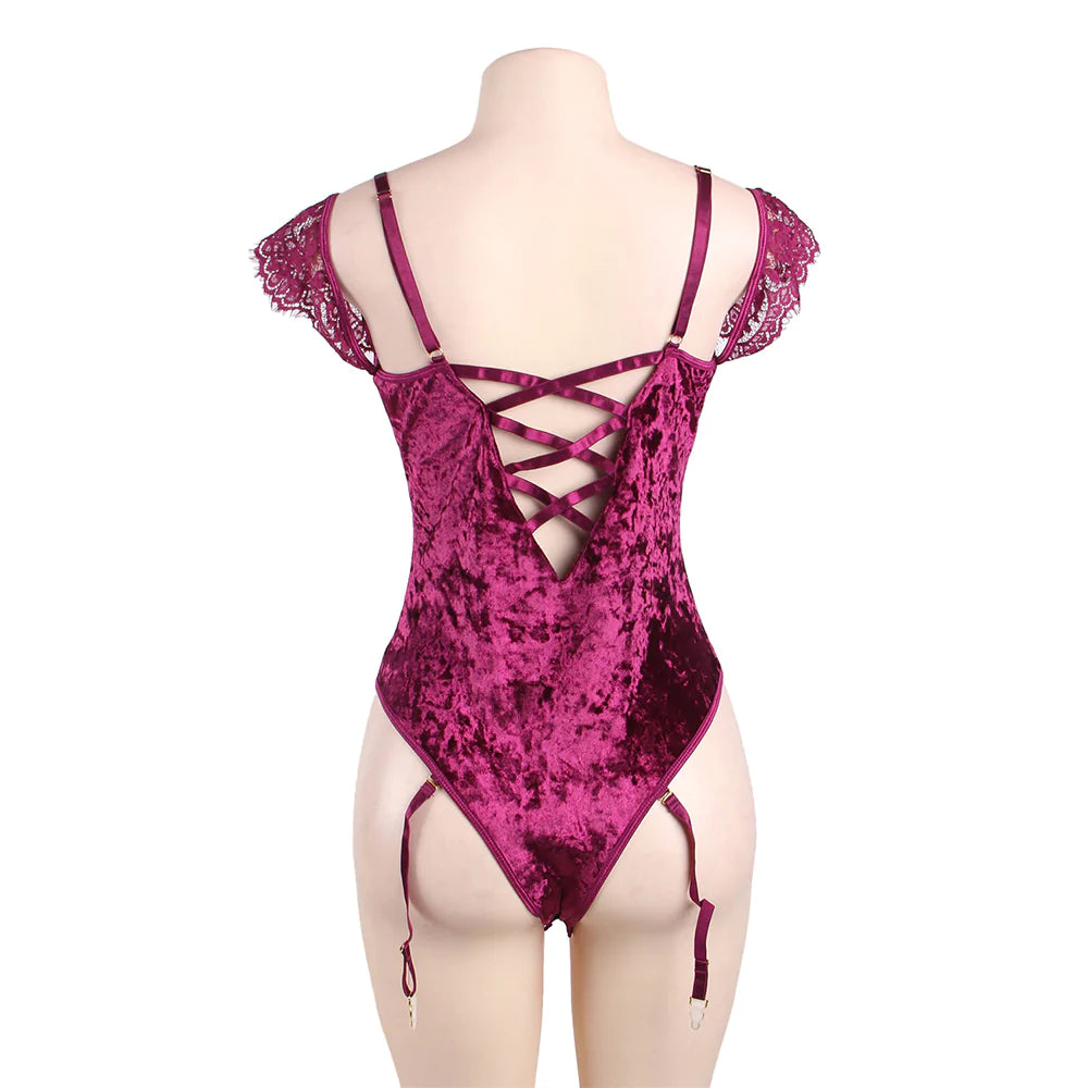 New Plus Size Sheer Lace Off-The-Shoulder Lace Sleeves Velvet Teddy