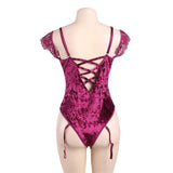 New Plus Size Sheer Lace Off-The-Shoulder Lace Sleeves Velvet Teddy