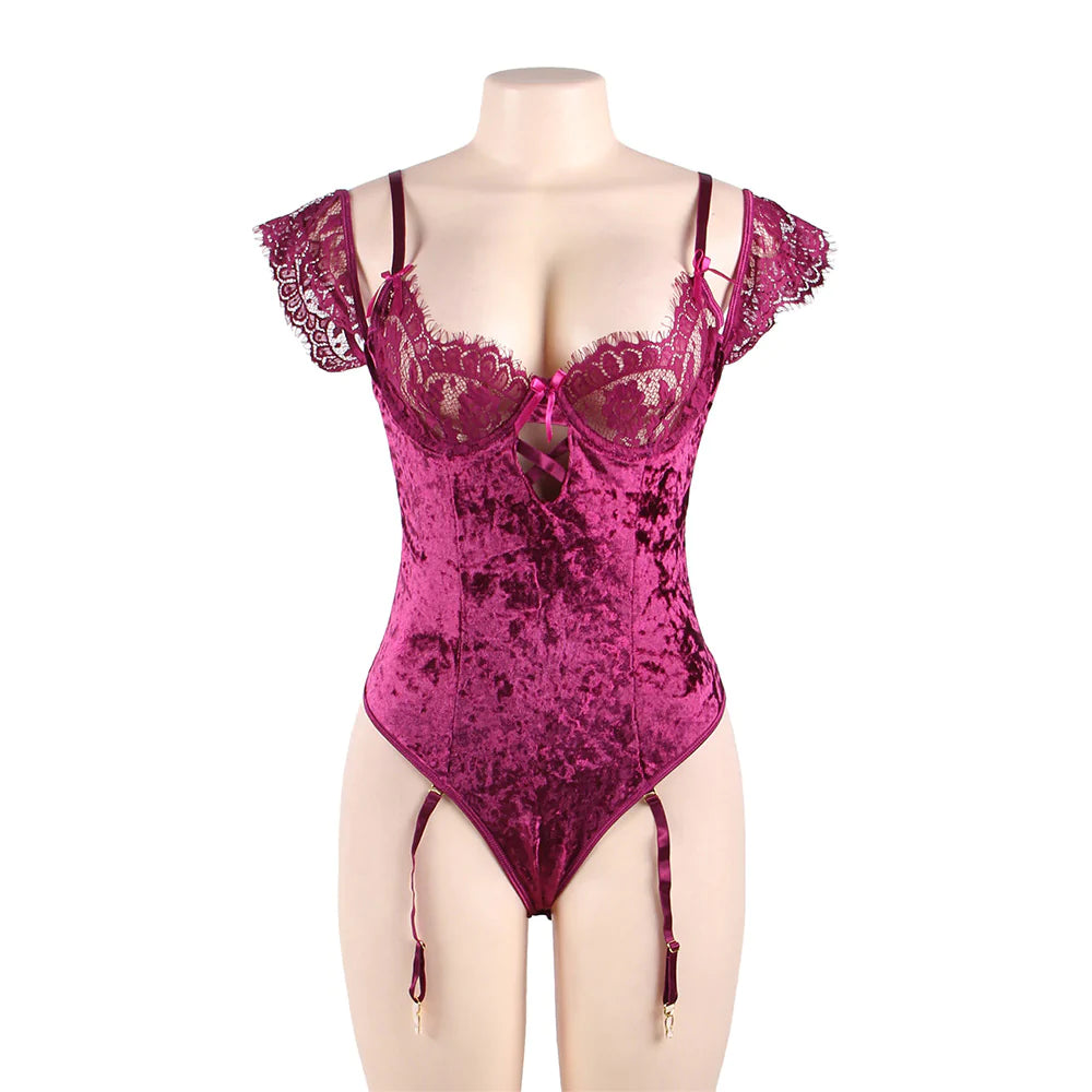 New Plus Size Sheer Lace Off-The-Shoulder Lace Sleeves Velvet Teddy