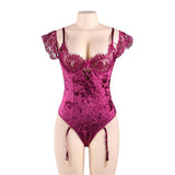 Plus Size Sheer Lace Off-The-Shoulder Lace Sleeves Velvet Teddy