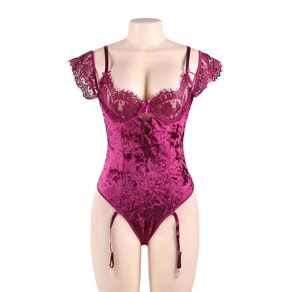 New Plus Size Sheer Lace Off-The-Shoulder Lace Sleeves Velvet Teddy