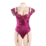 New Plus Size Sheer Lace Off-The-Shoulder Lace Sleeves Velvet Teddy