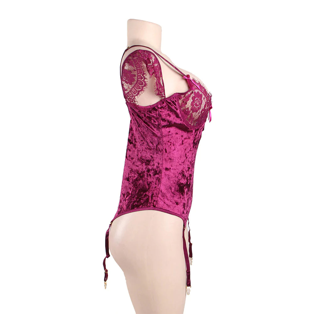 New Plus Size Sheer Lace Off-The-Shoulder Lace Sleeves Velvet Teddy