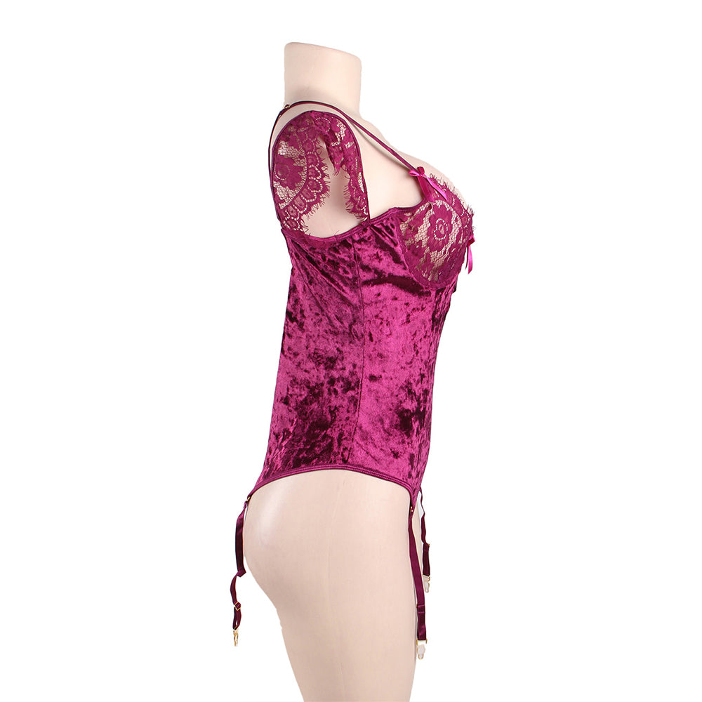 New Plus Size Sheer Lace Off-The-Shoulder Lace Sleeves Velvet Teddy