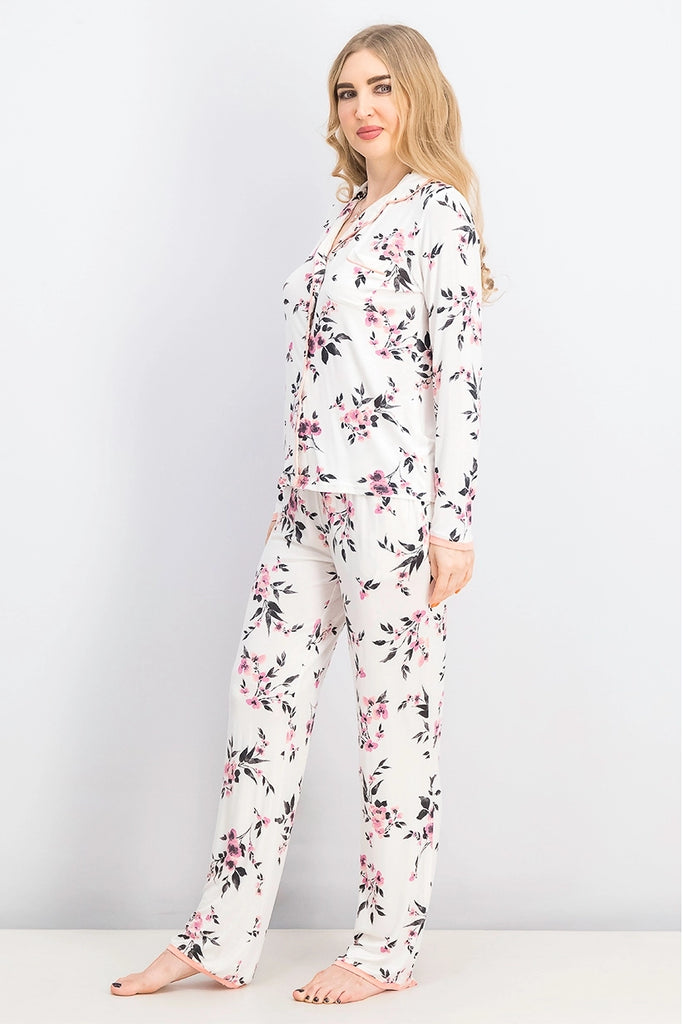 Kathy Ireland Women's 2 Pcs Floral Print Long Sleeve Top With Pajamas Pants, Ivory/Peach