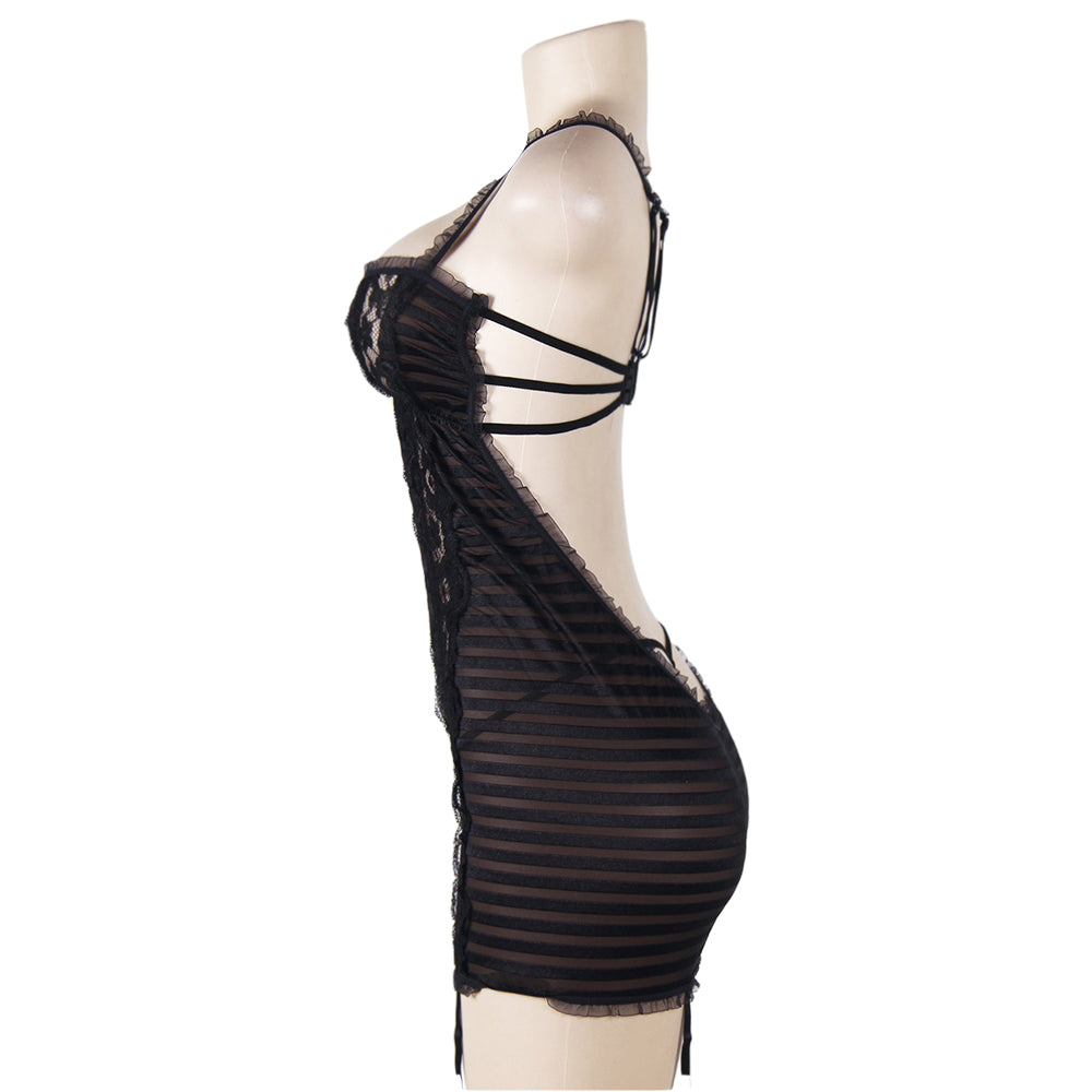 Plus Size Black Lace Lingerie Halter Slips With Thong