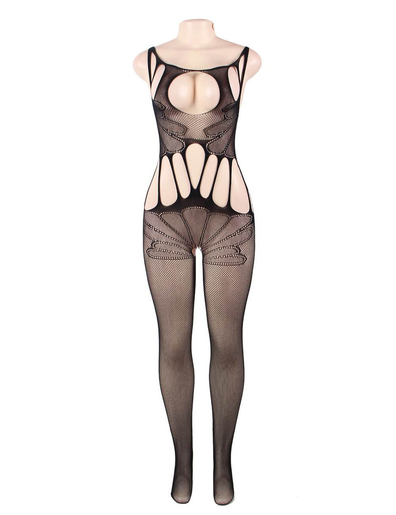 Black Sheer Hollow Out Off Shoulder Fishnet Bodystockings