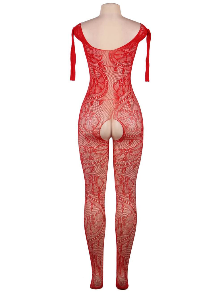 Crotchless Floral Fishnet Red Bodystockings