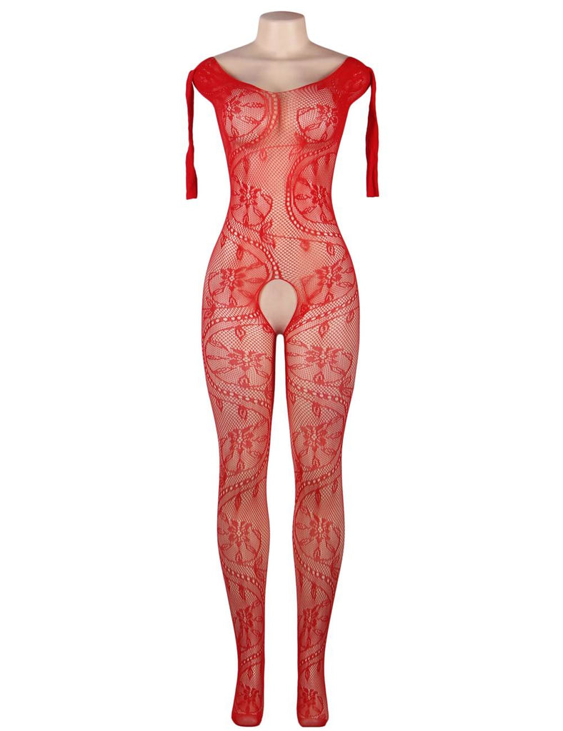 Crotchless Floral Fishnet Red Bodystockings
