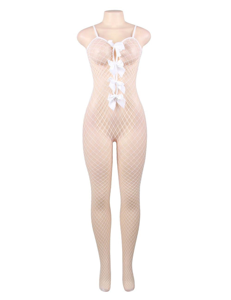 Fishnet Crotchless White Bowknot Bodystockings