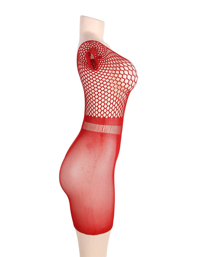 Crotchet Mesh Hollow-out Mini Chemise Red Dress