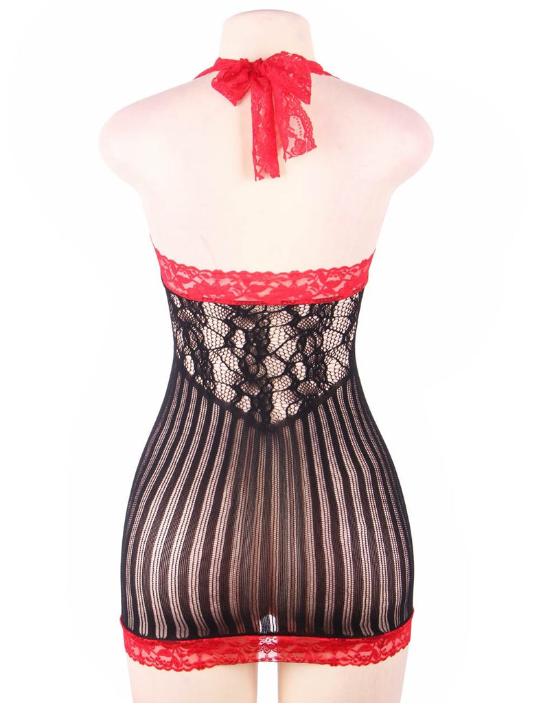 With Farawlaya Crotchet Mesh Hollow-out Black and Red Stitching Mini Chemise Dress