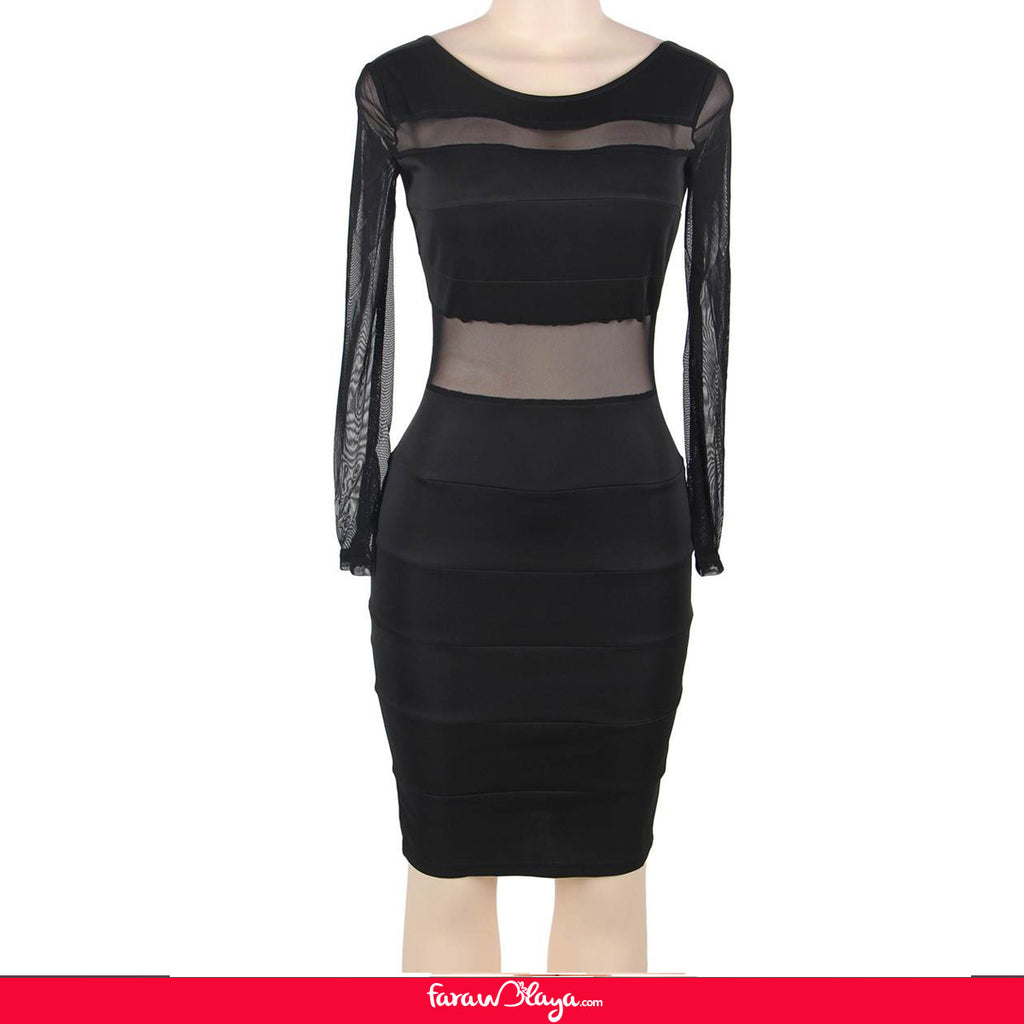 Plus Size Black Mesh Sexy Bodycon Long Sleeves Dress