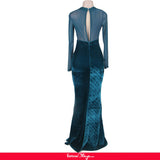 Green Mesh Lace Applique Velvet Maxi Dress