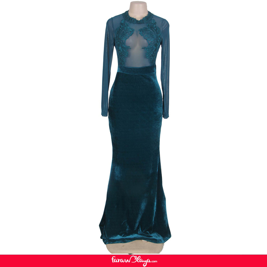 Green Mesh Lace Applique Velvet Maxi Dress