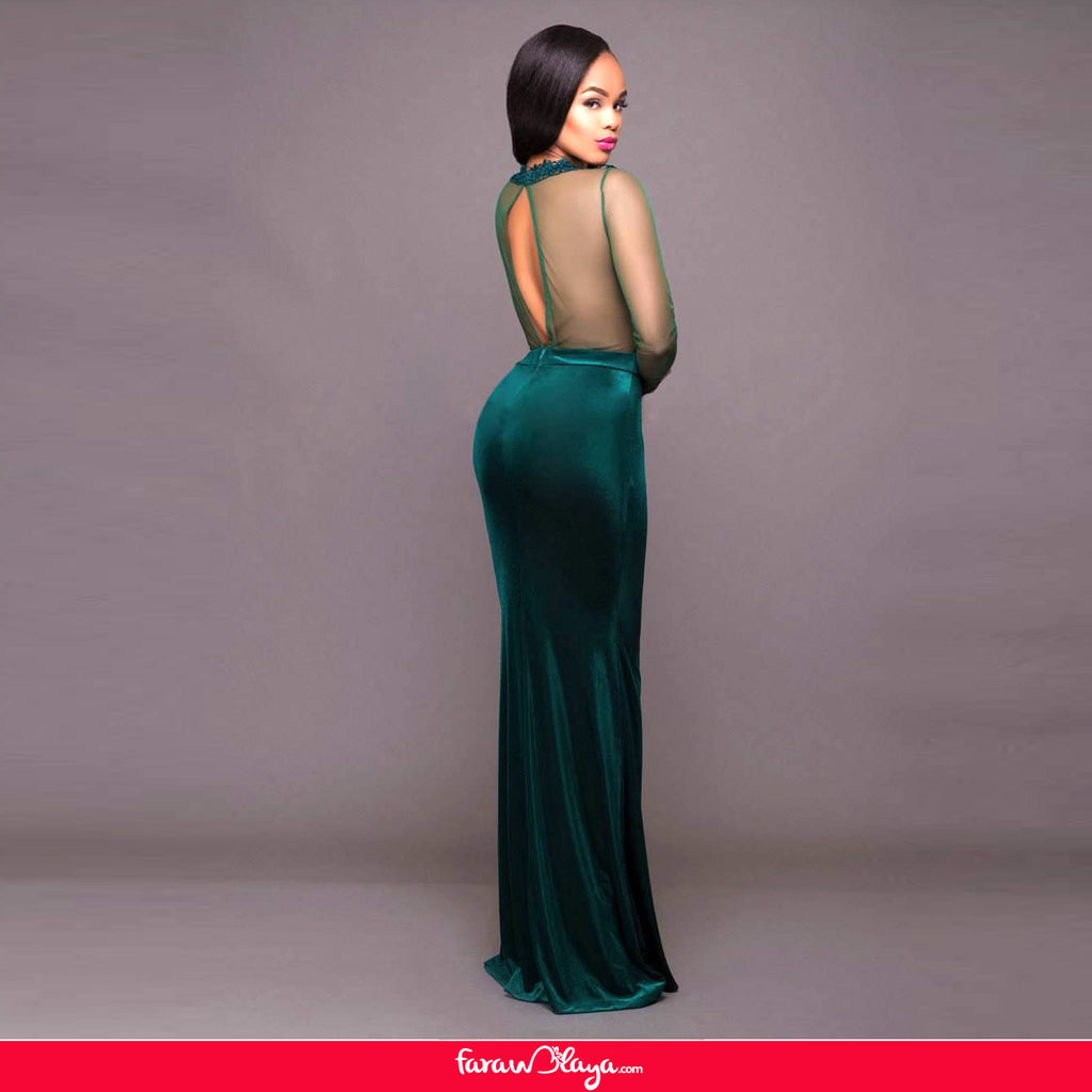 Green Mesh Lace Applique Velvet Maxi Dress