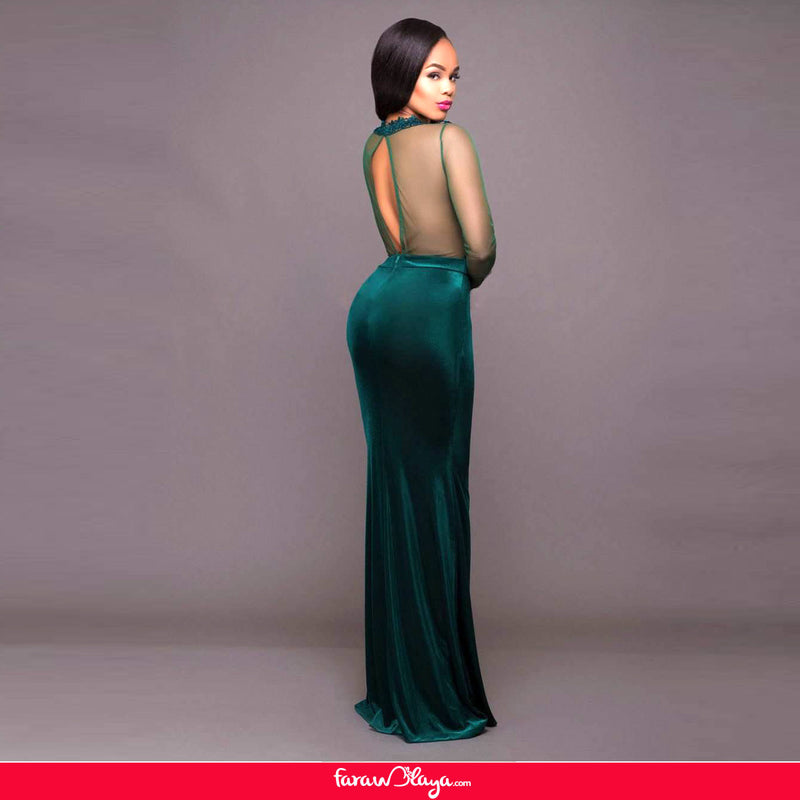 Green Mesh Lace Applique Velvet Maxi Dress