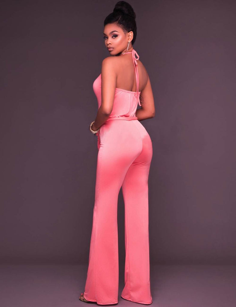 Pink Wide Leg Halter Jumpsuit