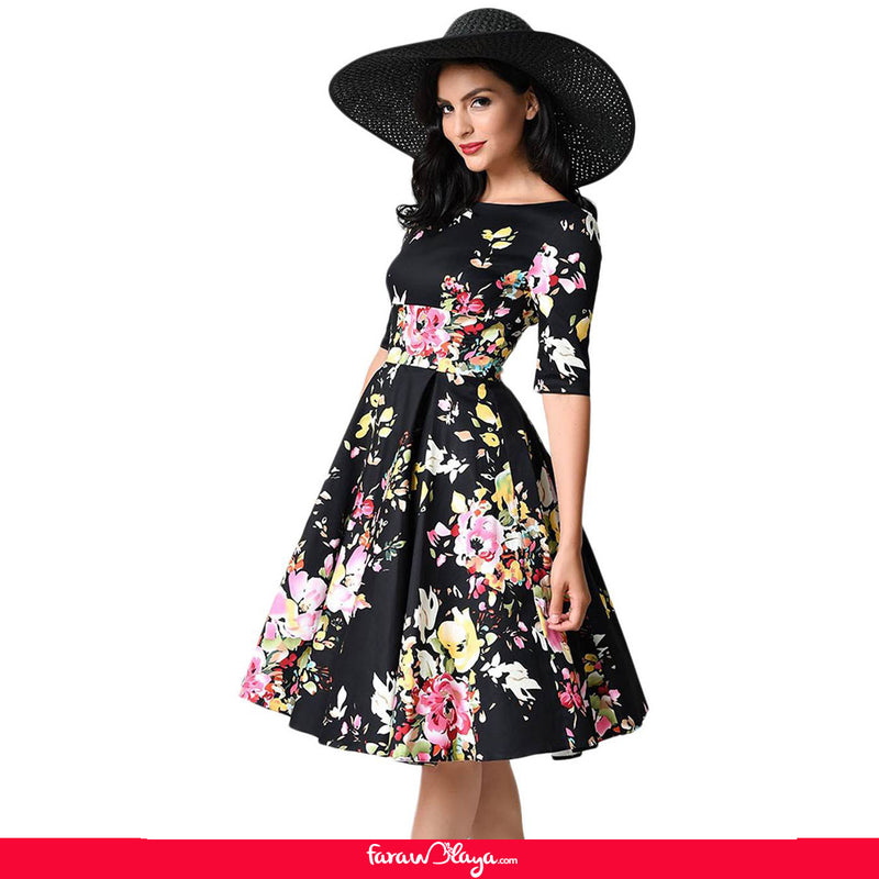 Half Sleeve Black Vintage Style Floral Swing Dress With Farawlaya