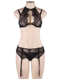 Sexy Hot Eyelash Black Lcae 3pcs Bra Panty Set