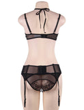 Sexy Hot Eyelash Black Lcae 3pcs Bra Panty Set