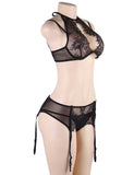 Sexy Hot Eyelash Black Lcae 3pcs Bra Panty Set