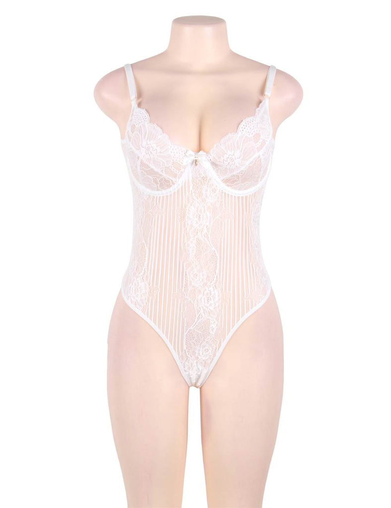 Plus Size White Glamour Underwire Hollywood Sheer Lace Teddy With Steel Ring