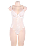 Plus Size White Glamour Underwire Hollywood Sheer Lace Teddy With Steel Ring