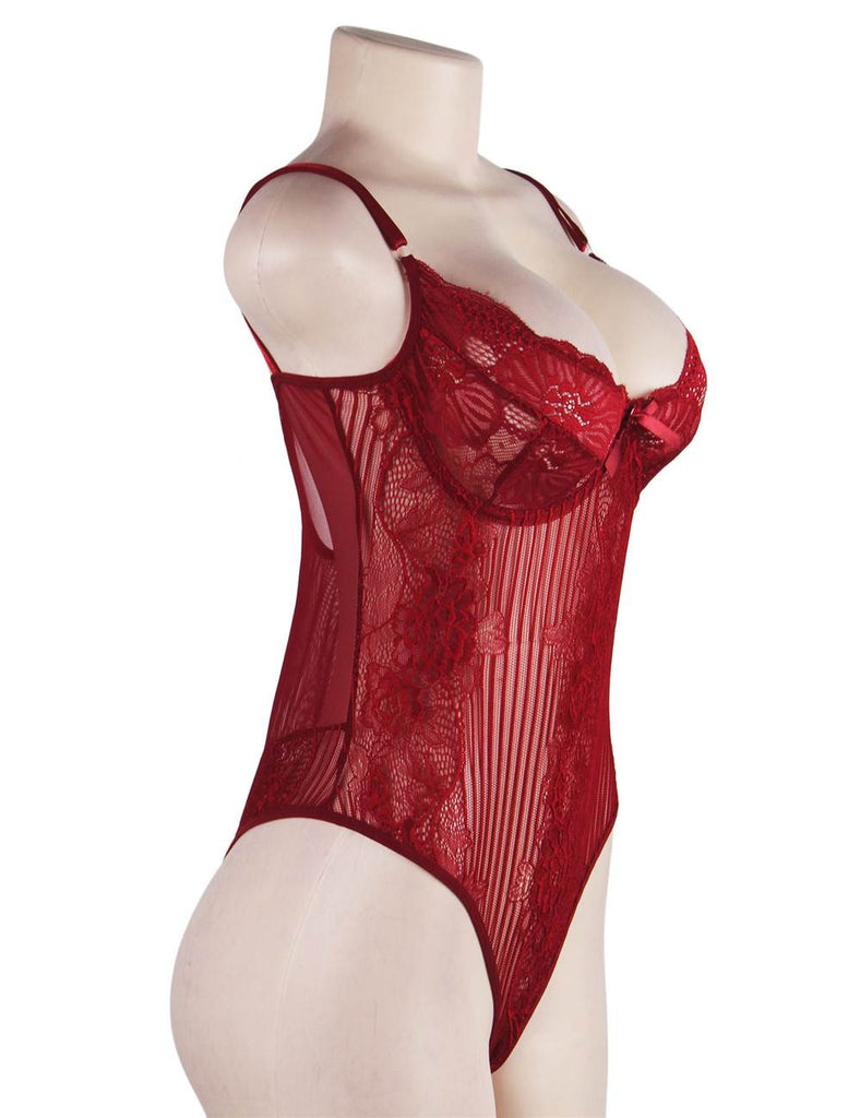 Wine Red Glamour Underwire Hollywood Sheer Lace Teddy With Steel Ring