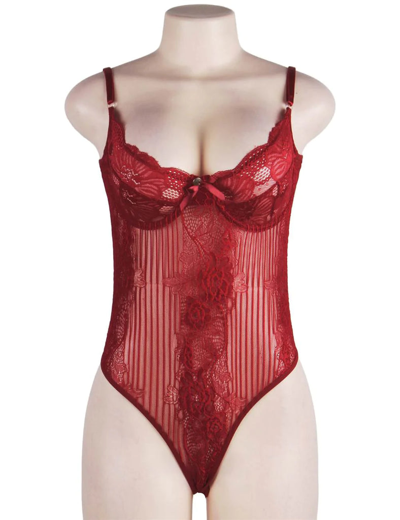 New Wine Red Glamour Underwire Hollywood Sheer Lace Teddy With Steel Ring
