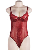 New Wine Red Glamour Underwire Hollywood Sheer Lace Teddy With Steel Ring