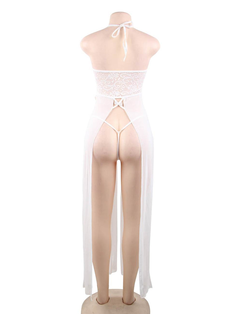 Elegant White Hollow Out Lace Sexy Gown With Farawlaya