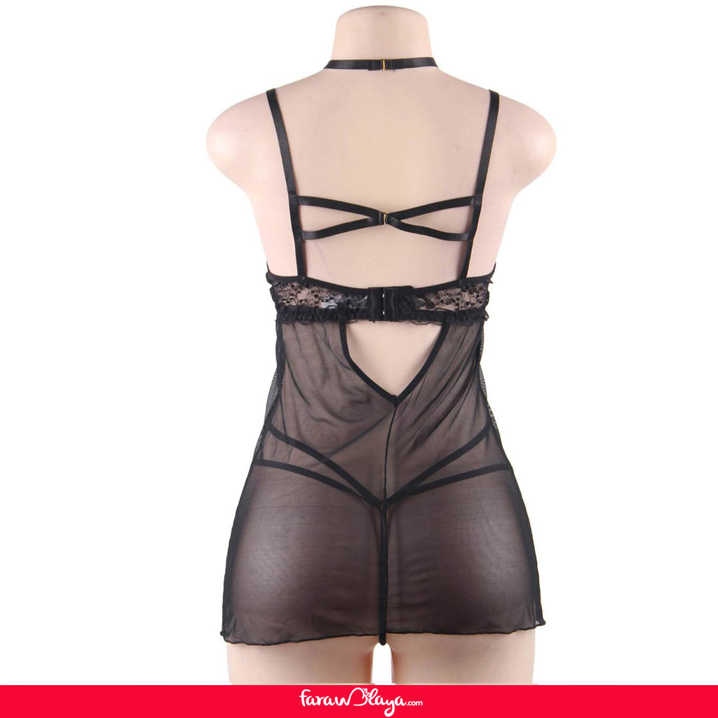 Elegant Black Lace Hanging Neck Perspective Sexy Babydoll