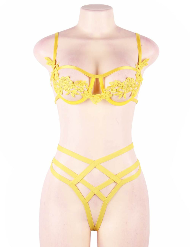 Yellow Elegant Embroidery Fashion Bra Set With Steel Ring