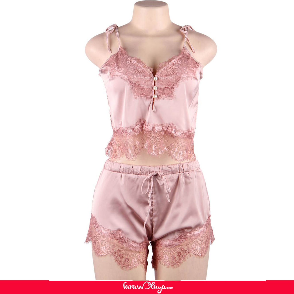 Women Hollow Sexy Sleepwear Nightwear Lace Trim Satin Top Pajama Sets