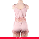 Women Hollow Sexy Sleepwear Nightwear Lace Trim Satin Top Pajama Sets