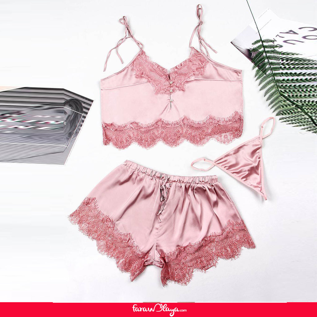 Women Hollow Sexy Sleepwear Nightwear Lace Trim Satin Top Pajama Sets