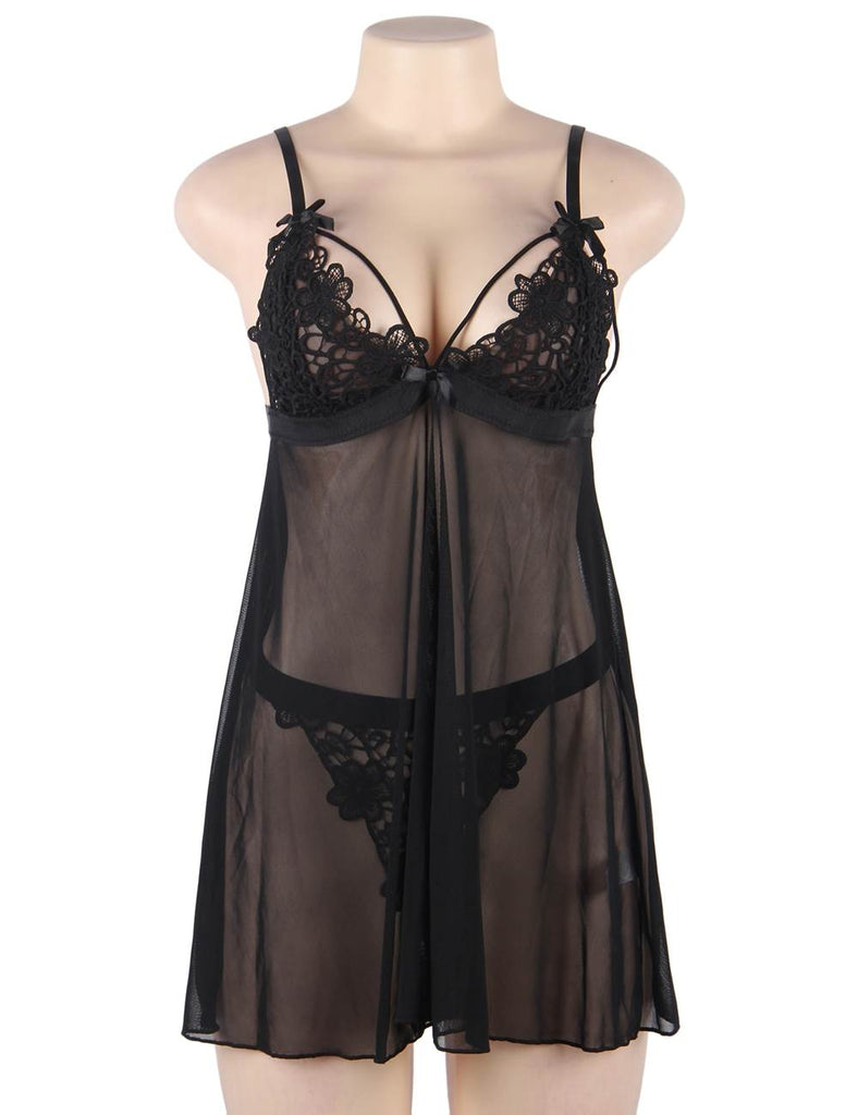 Black Lace High-end Delicate Embroidery Babydoll Lingerie Set