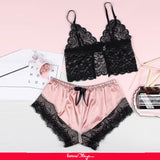 Women Hollow Sexy Sleepwear Nightwear Lace Trim Satin Top Pajama Sets